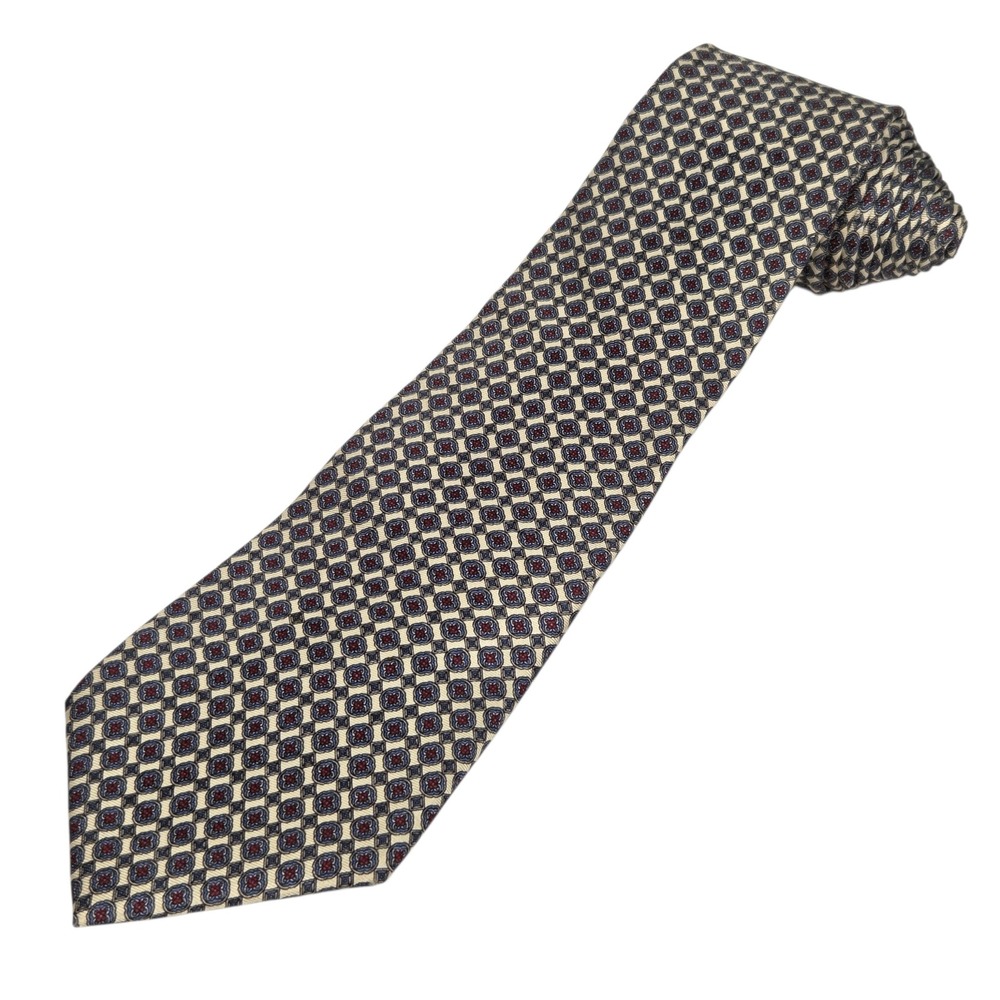 Vtg Christian Dior Necktie‎ Mens Cream Blue Red Geometric Silk Woven Italy